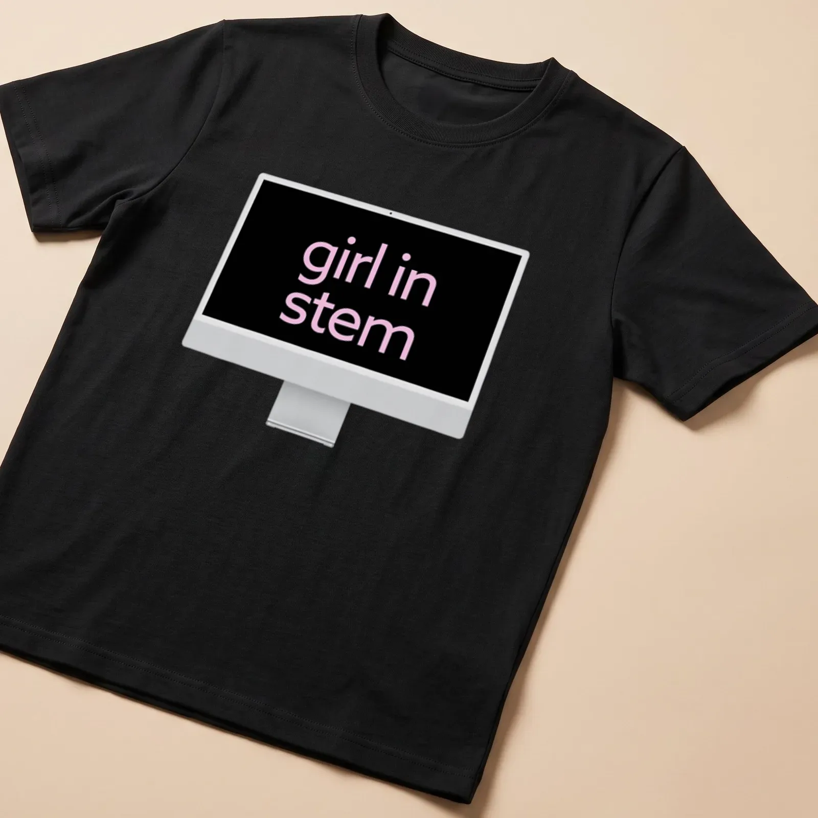 Black and pink typography graphic reading 'girl in stem' on — printed on a unisex t-shirt