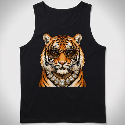 Illustration of a glamorous tiger wearing leopard glasses and a gold necklace — printed on a tank top