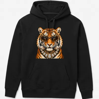 Illustration of a glamorous tiger wearing leopard glasses and a gold necklace — printed on a unisex hoodie