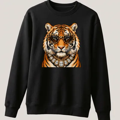 Illustration of a glamorous tiger wearing leopard glasses and a gold necklace — printed on a unisex sweatshirt