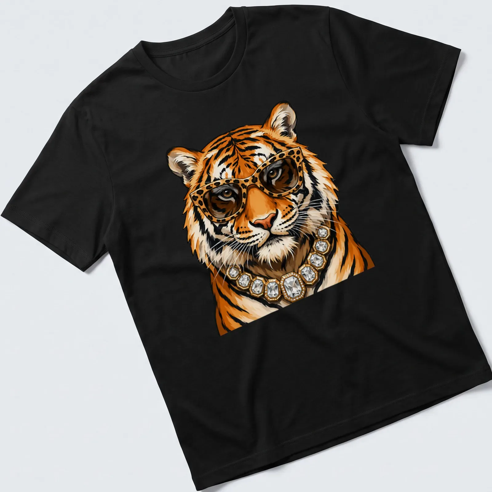 Illustration of a glamorous tiger wearing leopard glasses and a gold necklace — printed on a unisex t-shirt