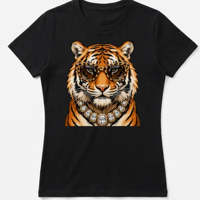 Illustration of a glamorous tiger wearing leopard glasses and a gold necklace — printed on a women's shirt
