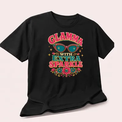 Stylish sunglasses with floral embellishments on a vibrant — printed on a unisex t-shirt (angled view)