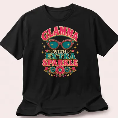 Stylish sunglasses with floral embellishments on a vibrant — printed on a unisex t-shirt