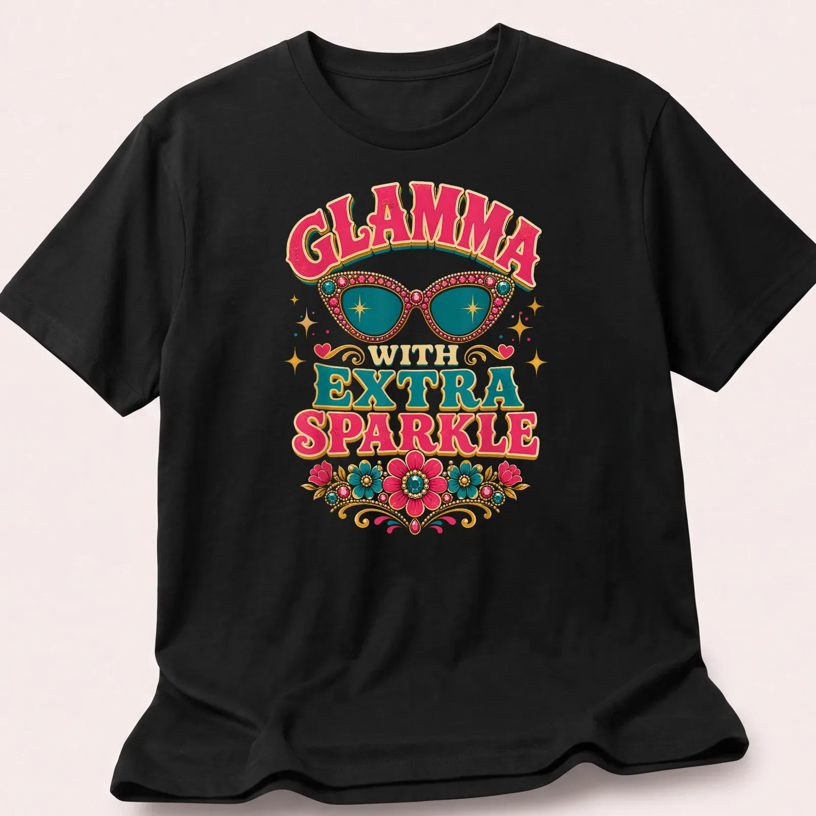Stylish sunglasses with floral embellishments on a vibrant — printed on a unisex t-shirt