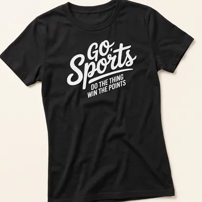 Sports slogan t-shirt with black text on white background — printed on a women's shirt