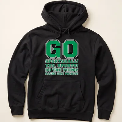 Bold typography featuring a humorous sports slogan in green, black, and white. — printed on a unisex hoodie