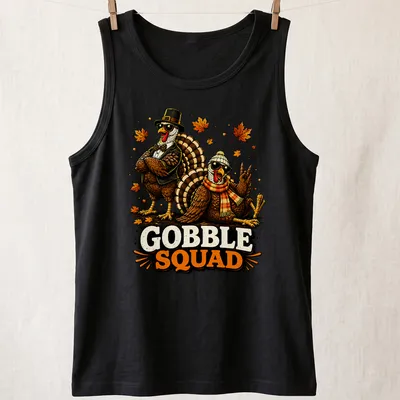 Vintage cartoon t-shirt featuring funny turkeys with the words Gobble Squad — printed on a tank top
