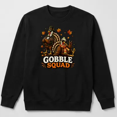 Vintage cartoon t-shirt featuring funny turkeys with the words Gobble Squad — printed on a unisex sweatshirt
