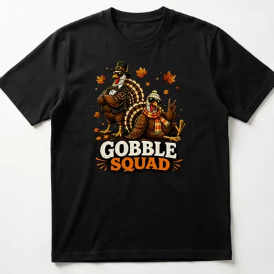 Vintage cartoon t-shirt featuring funny turkeys with the words Gobble Squad — printed on a unisex t-shirt