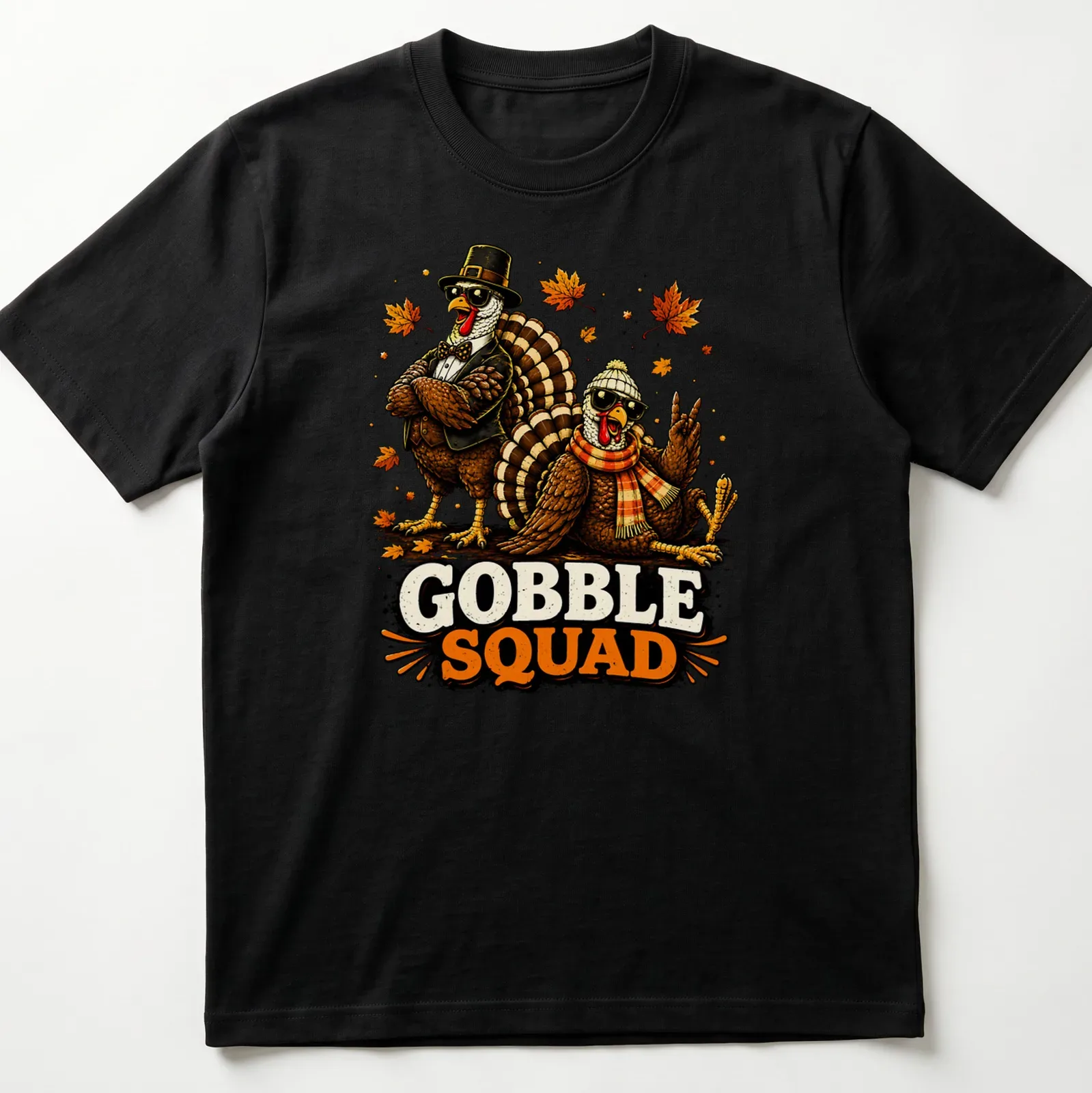 Vintage cartoon t-shirt featuring funny turkeys with the words Gobble Squad — printed on a unisex t-shirt