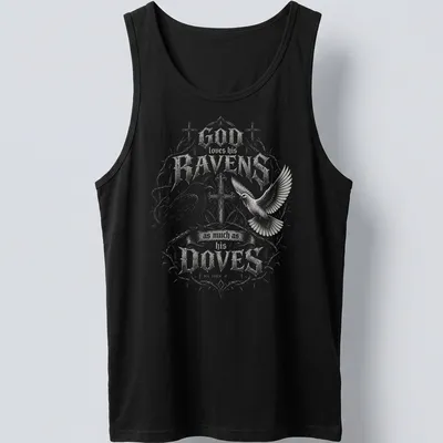 Ornate vintage design featuring ravens and doves with a heartfelt message. — printed on a tank top