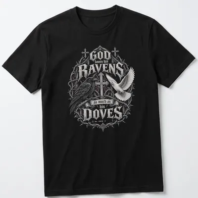 Ornate vintage design featuring ravens and doves with a heartfelt message.