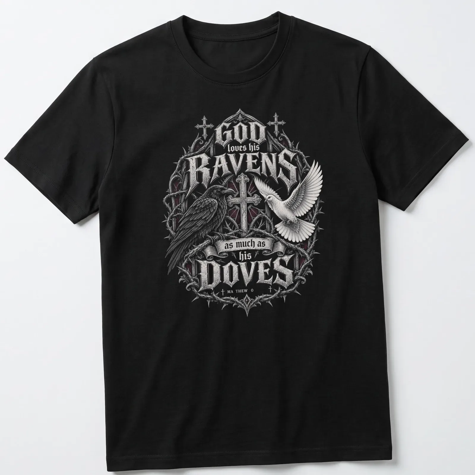 Ornate vintage design featuring ravens and doves with a heartfelt message. — printed on a unisex t-shirt