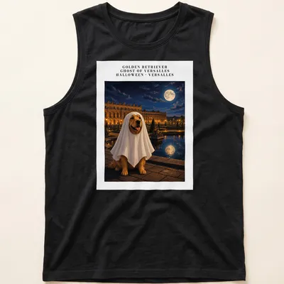 Realistic Golden Retriever dressed as a ghost in Versailles setting for Halloween — printed on a tank top
