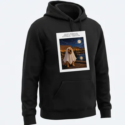 Realistic Golden Retriever dressed as a ghost in Versailles setting for Halloween — printed on a unisex hoodie