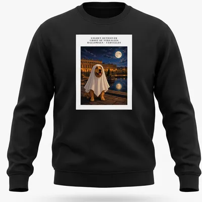 Realistic Golden Retriever dressed as a ghost in Versailles setting for Halloween — printed on a unisex sweatshirt