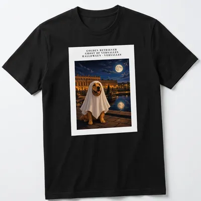 Realistic Golden Retriever dressed as a ghost in Versailles setting for Halloween