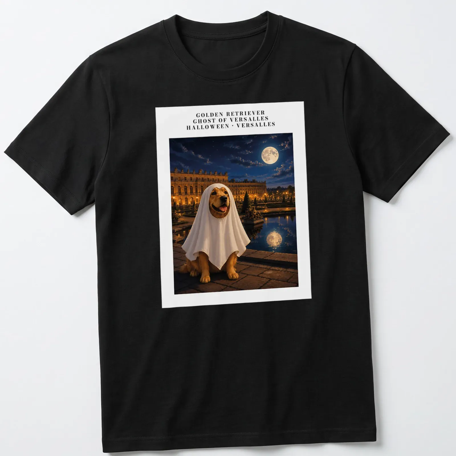 Realistic Golden Retriever dressed as a ghost in Versailles setting for Halloween — printed on a unisex t-shirt