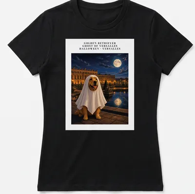 Realistic Golden Retriever dressed as a ghost in Versailles setting for Halloween — printed on a women's shirt