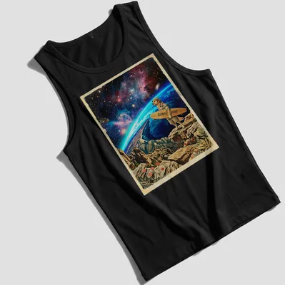 Golden Retriever surf instructor graphic with cosmic tides and sunset colors — printed on a tank top