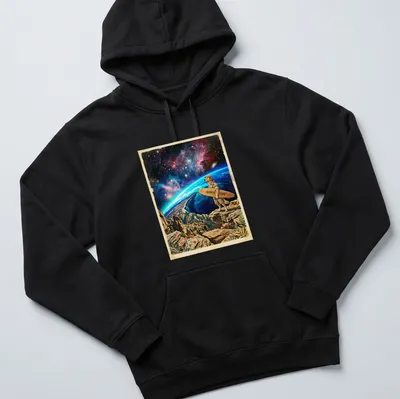 Golden Retriever surf instructor graphic with cosmic tides and sunset colors — printed on a unisex hoodie
