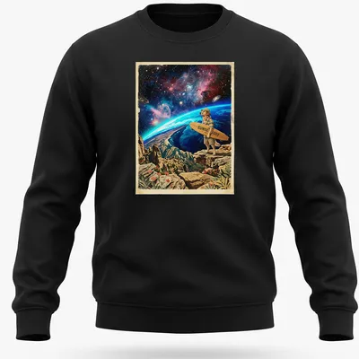 Golden Retriever surf instructor graphic with cosmic tides and sunset colors — printed on a unisex sweatshirt