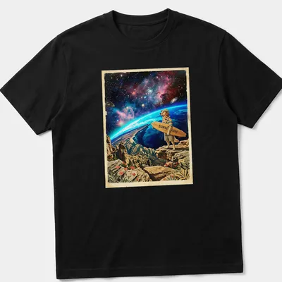 Golden Retriever surf instructor graphic with cosmic tides and sunset colors — printed on a unisex t-shirt