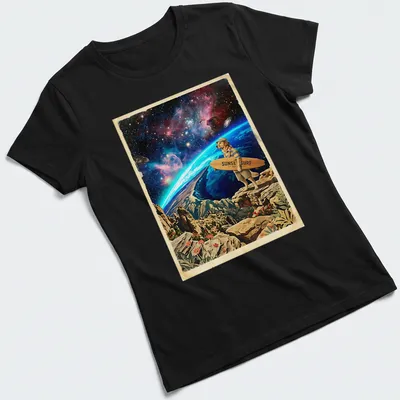 Golden Retriever surf instructor graphic with cosmic tides and sunset colors — printed on a women's shirt
