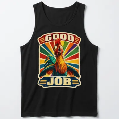 Colorful retro rooster graphic with the words Good Job above it. — printed on a tank top