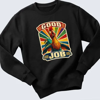 Colorful retro rooster graphic with the words Good Job above it. — printed on a unisex sweatshirt