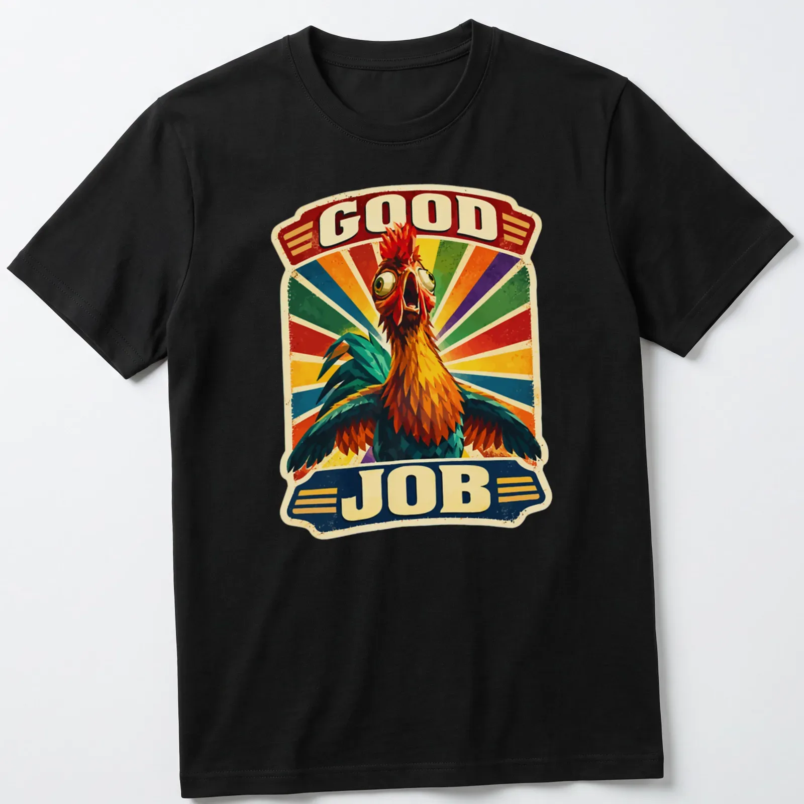 Colorful retro rooster graphic with the words Good Job above it. — printed on a unisex t-shirt