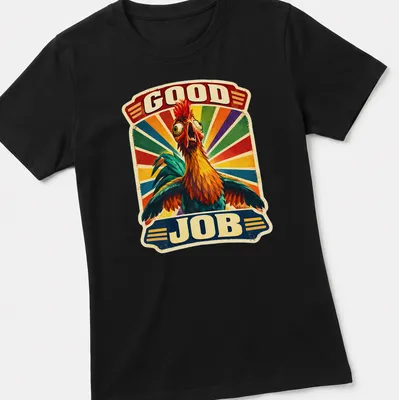 Colorful retro rooster graphic with the words Good Job above it. — printed on a women's shirt