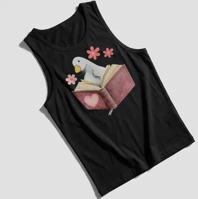 Kawaii illustration of a goose reading a book with colorful flowers — printed on a tank top