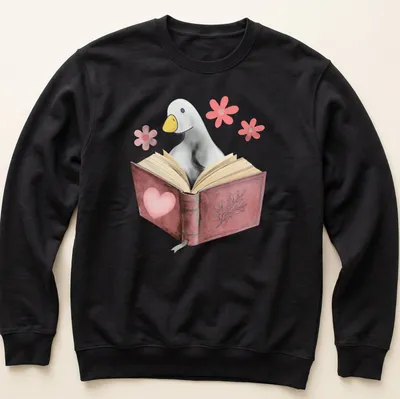 Kawaii illustration of a goose reading a book with colorful flowers — printed on a unisex sweatshirt