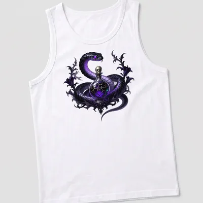 Gothic design of a ghost viper intertwined with a poison phial in black and purple — printed on a tank top