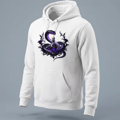 Gothic design of a ghost viper intertwined with a poison phial in black and purple — printed on a unisex hoodie