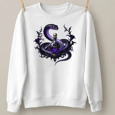 Gothic design of a ghost viper intertwined with a poison phial in black and purple — printed on a unisex sweatshirt