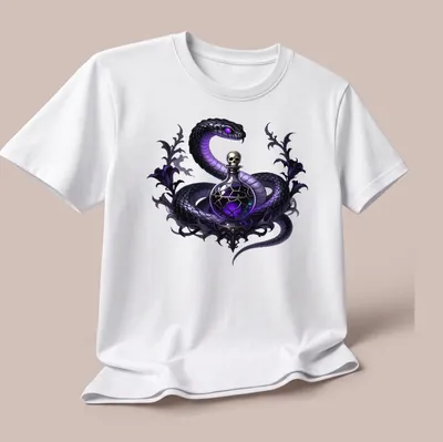 Gothic design of a ghost viper intertwined with a poison phial in black and purple — printed on a unisex t-shirt (angled view)