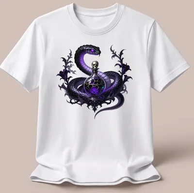 Gothic design of a ghost viper intertwined with a poison phial in black and purple — printed on a unisex t-shirt
