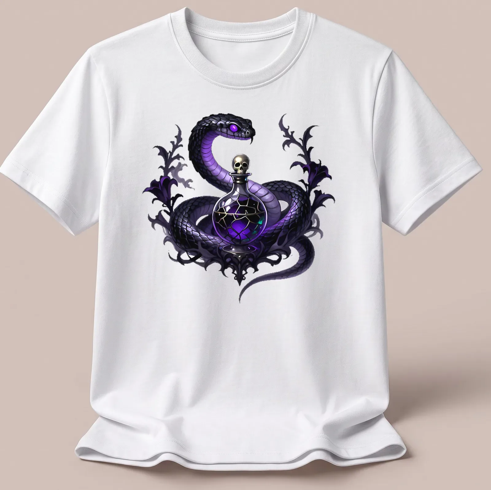 Gothic design of a ghost viper intertwined with a poison phial in black and purple — printed on a unisex t-shirt