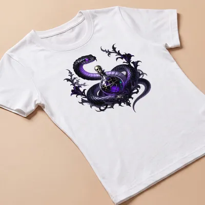 Gothic design of a ghost viper intertwined with a poison phial in black and purple — printed on a women's shirt