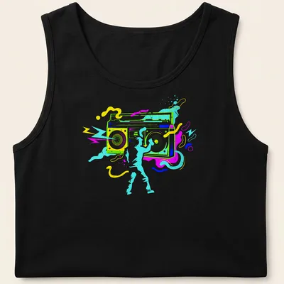 Colorful street art design featuring a graffiti artist with a boom box — printed on a tank top