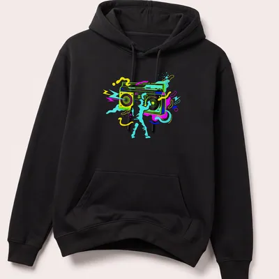Colorful street art design featuring a graffiti artist with a boom box — printed on a unisex hoodie