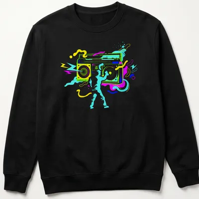 Colorful street art design featuring a graffiti artist with a boom box — printed on a unisex sweatshirt