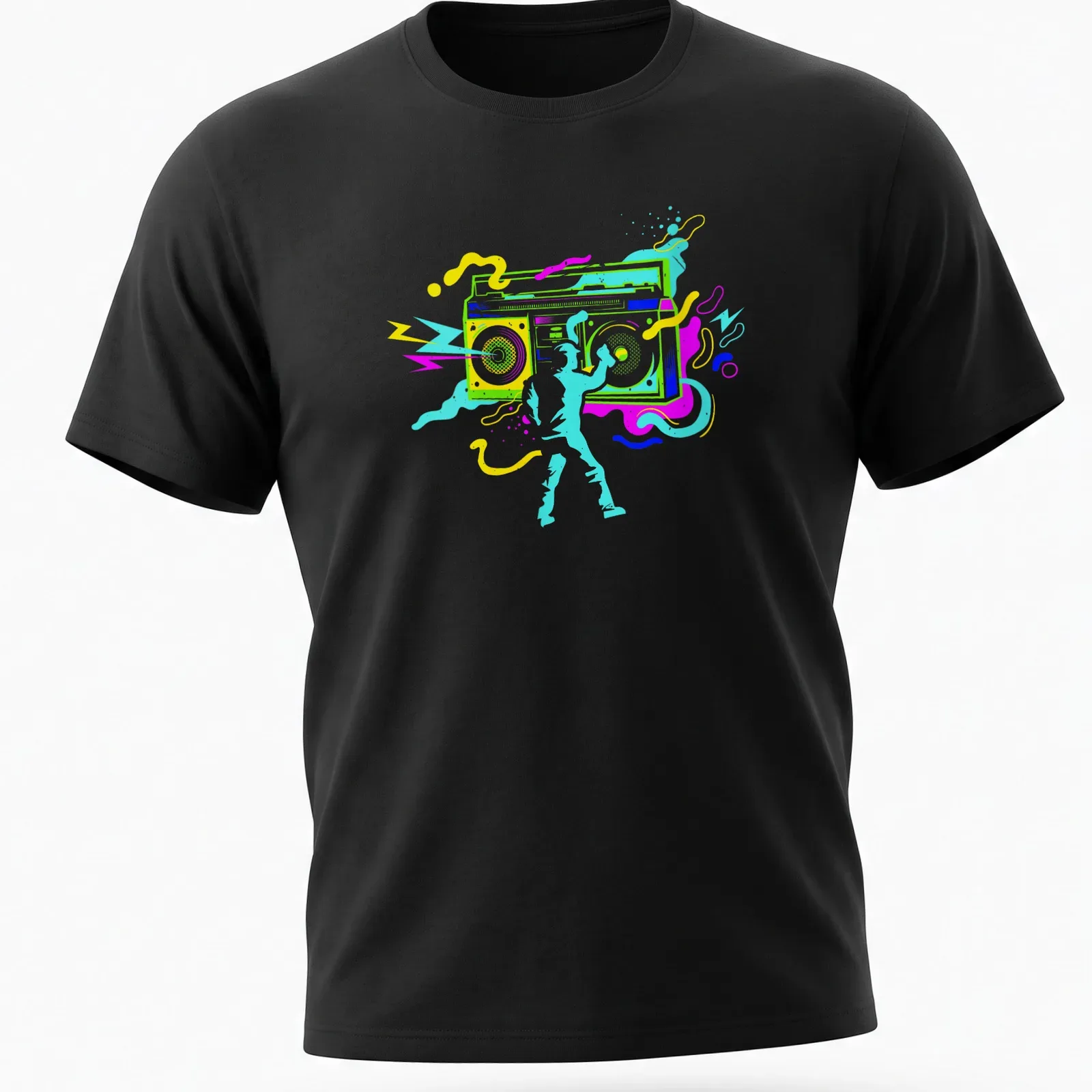 Colorful street art design featuring a graffiti artist with a boom box — printed on a unisex t-shirt