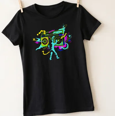 Colorful street art design featuring a graffiti artist with a boom box — printed on a women's shirt