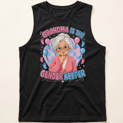 Colorful cartoon grandmother with the text 'Grandma Is The Gender Keeper' in bold letters. — printed on a tank top
