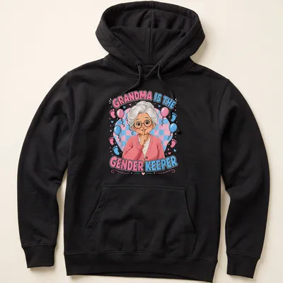 Colorful cartoon grandmother with the text 'Grandma Is The Gender Keeper' in bold letters. — printed on a unisex hoodie
