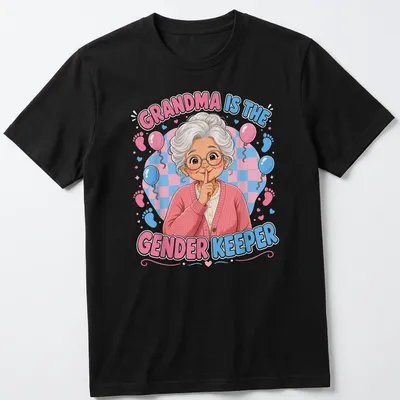 Colorful cartoon grandmother with the text 'Grandma Is The Gender Keeper' in bold letters.